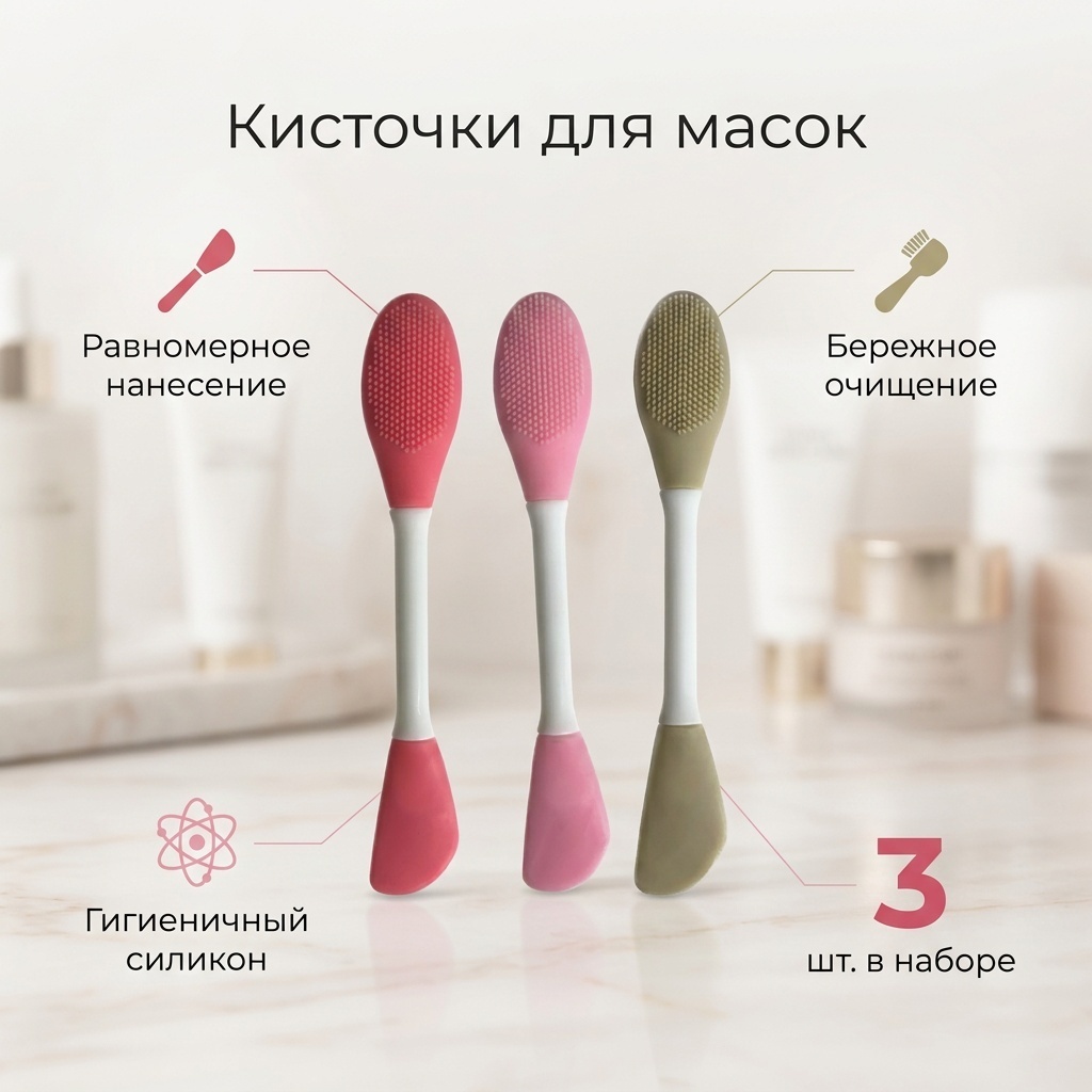 Кисточки для нанесения масок бежевый, розовый, малиновый 3 шт
