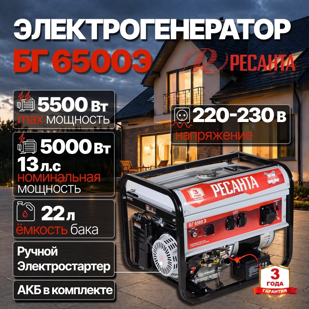 Электрогенератор 5 кВт 220В БГ 6500 Э Ресанта бензиновый 4-х тактный двигатель, макс. мощность 5.5 кВт, ручной и электростартер, однофазный, бак 22л, емкость системы смазки 1.1л, АКБ в комплекте, разъём для АВР автозапуска 64/1/46