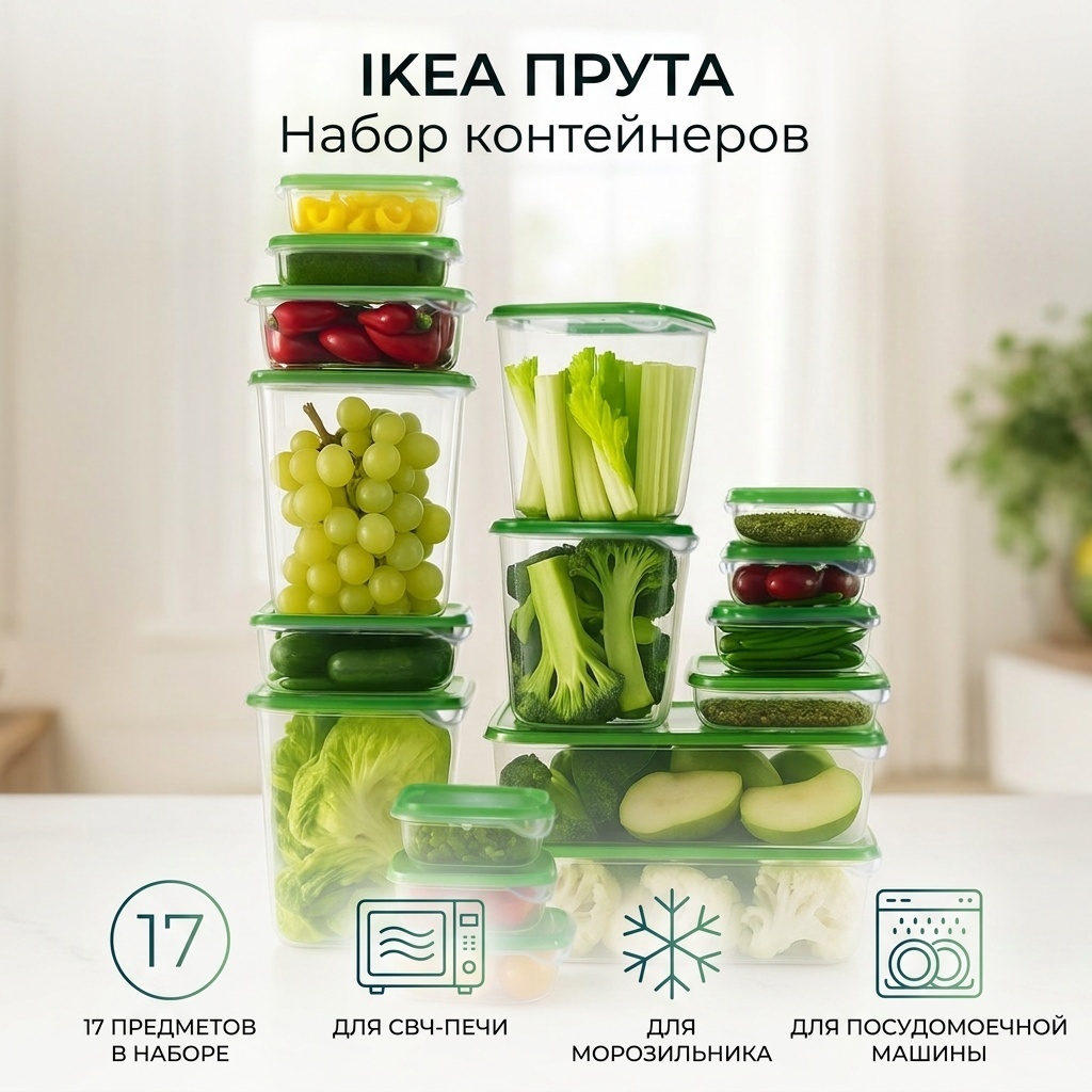 IKEA набор контейнеров ПРУТА/PRUTA набор контейнеров зеленые 17 шт, пластик, полипропилен