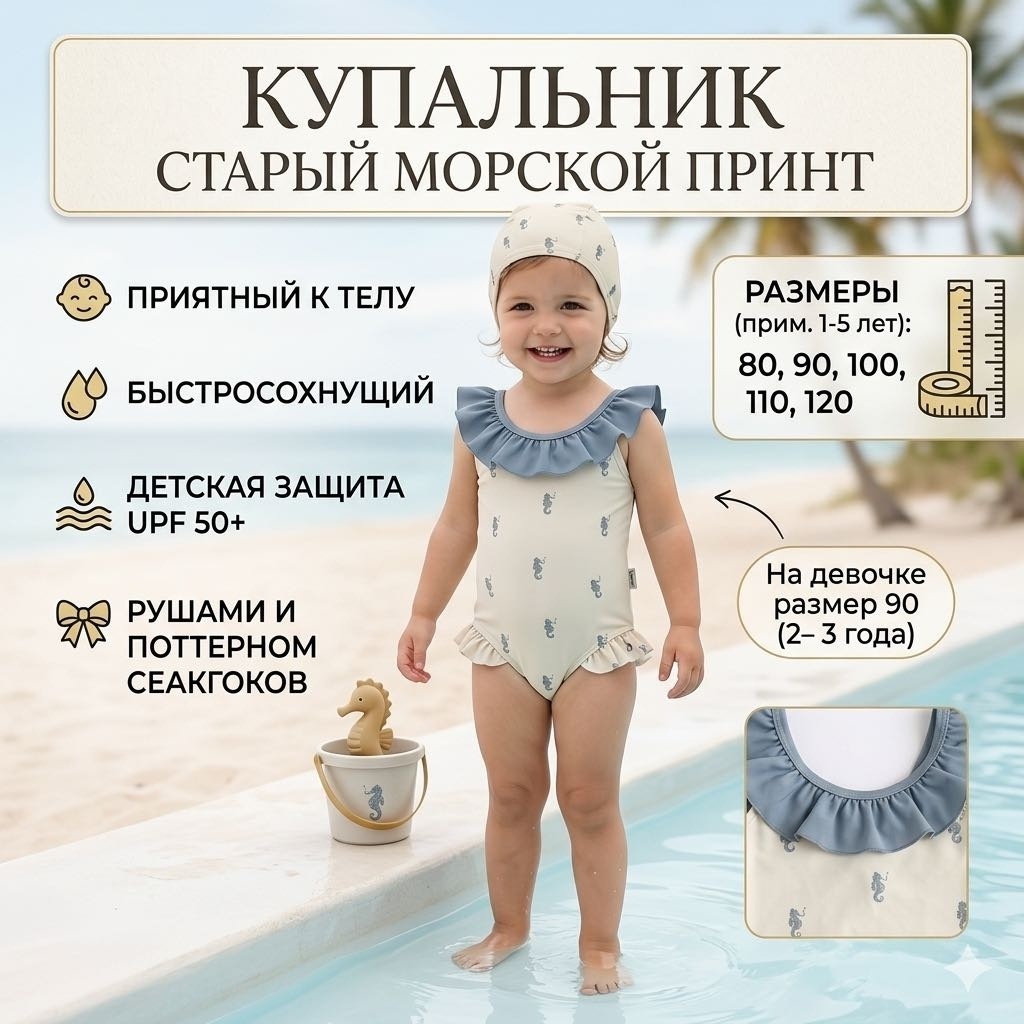Купальник слитный белый, голубой