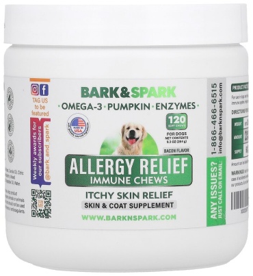 Bark&Spark Allergy Relief Immune Chews витамины от зуда на коже со вкусом бекона для собак 120 таблеток