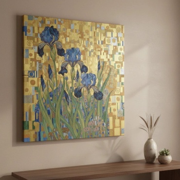 Araystudio.kz картина на холсте Синие ирисы в стиле klimp(золотой фон) 60x60 см