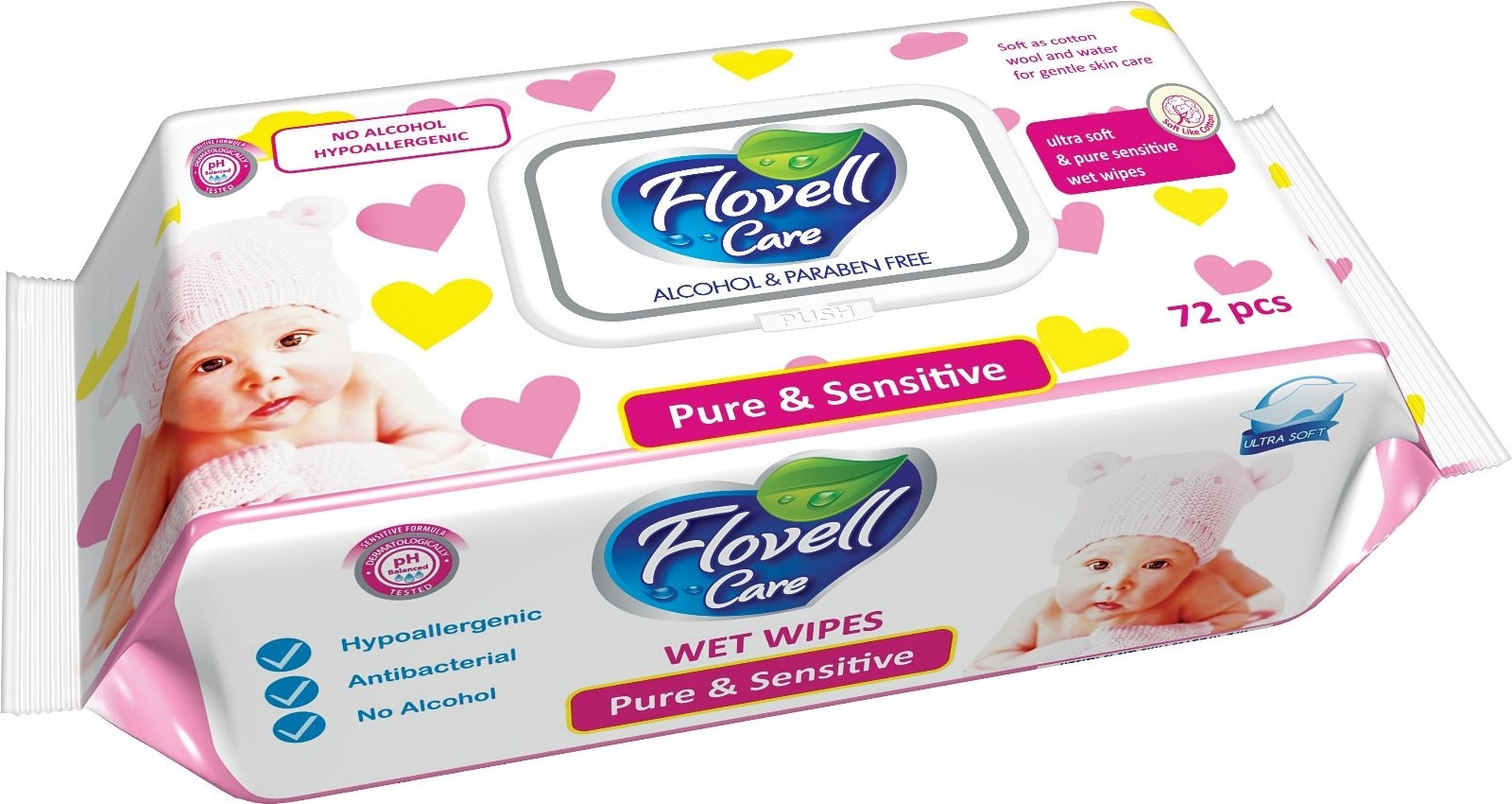 Детские влажные салфетки Flovell Care Pure & Sensitive 72 шт розовый