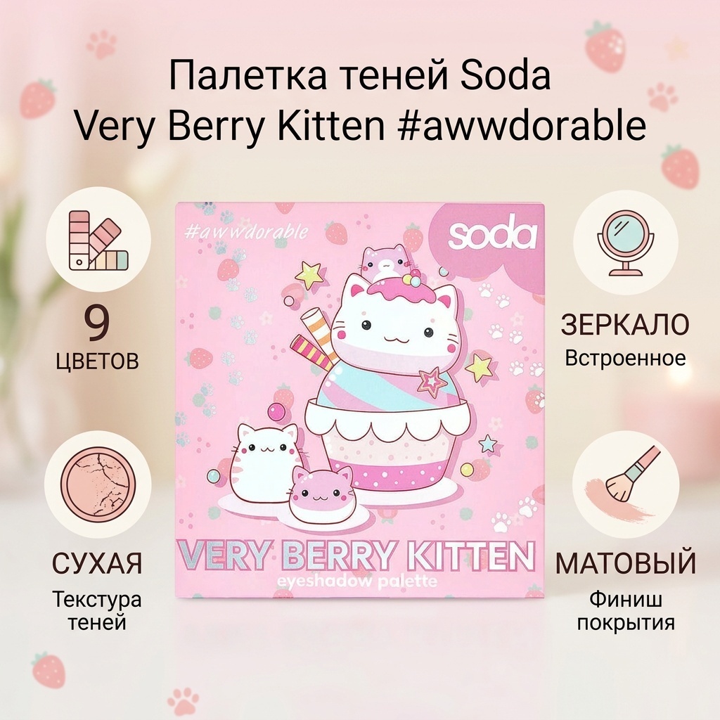 Soda тени сухие Палетка теней Very Berry Kitten #awwdorable мультиколор