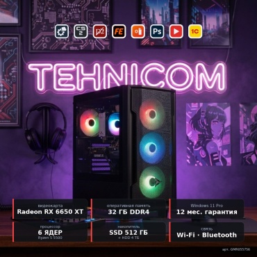 Tehnicom R5 5500 / RX 6650 XT 8 Гб / 32 Гб / 4000 Гб HDD+SSD 512 Гб / Win 11 Pro