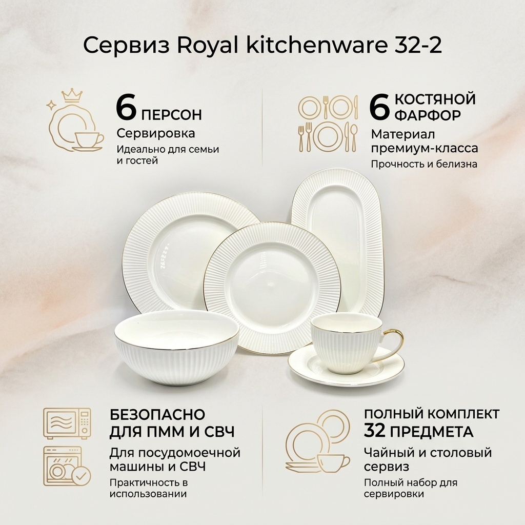 Сервиз на 6 персон Royal kitchenware , предметов: 32, чайно-столовый, костяной фарфор