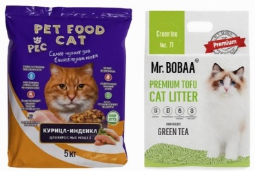 Корм Pet Food Cat для взрослых индейка, курица 5 кг + напонитель соевый Tofu mr.BOBAA 7л смываемый
