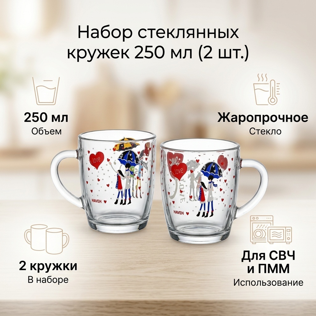 Набор кружек , 250 мл, жаропрочное стекло, закаленное стекло, 2 шт.