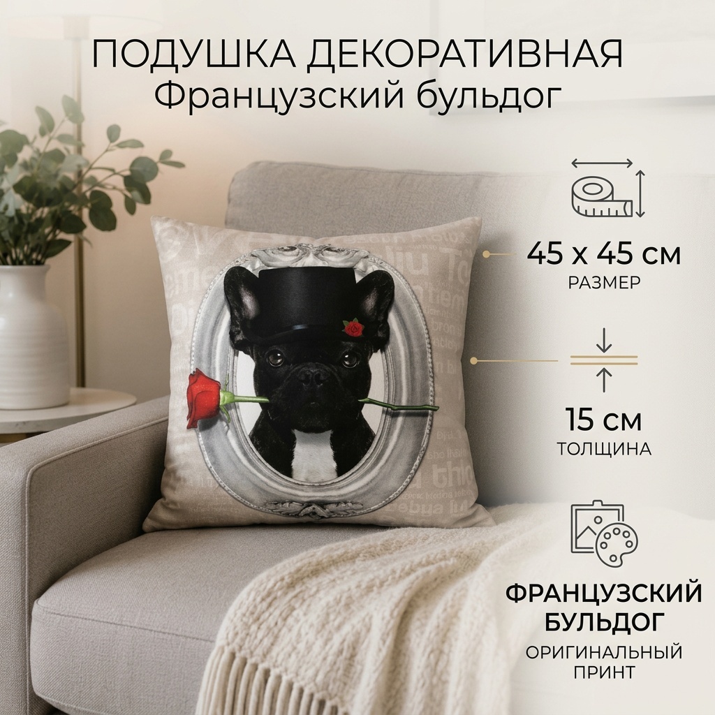 Подушка декоративная Evoria 45x45 см, Французский бульдог