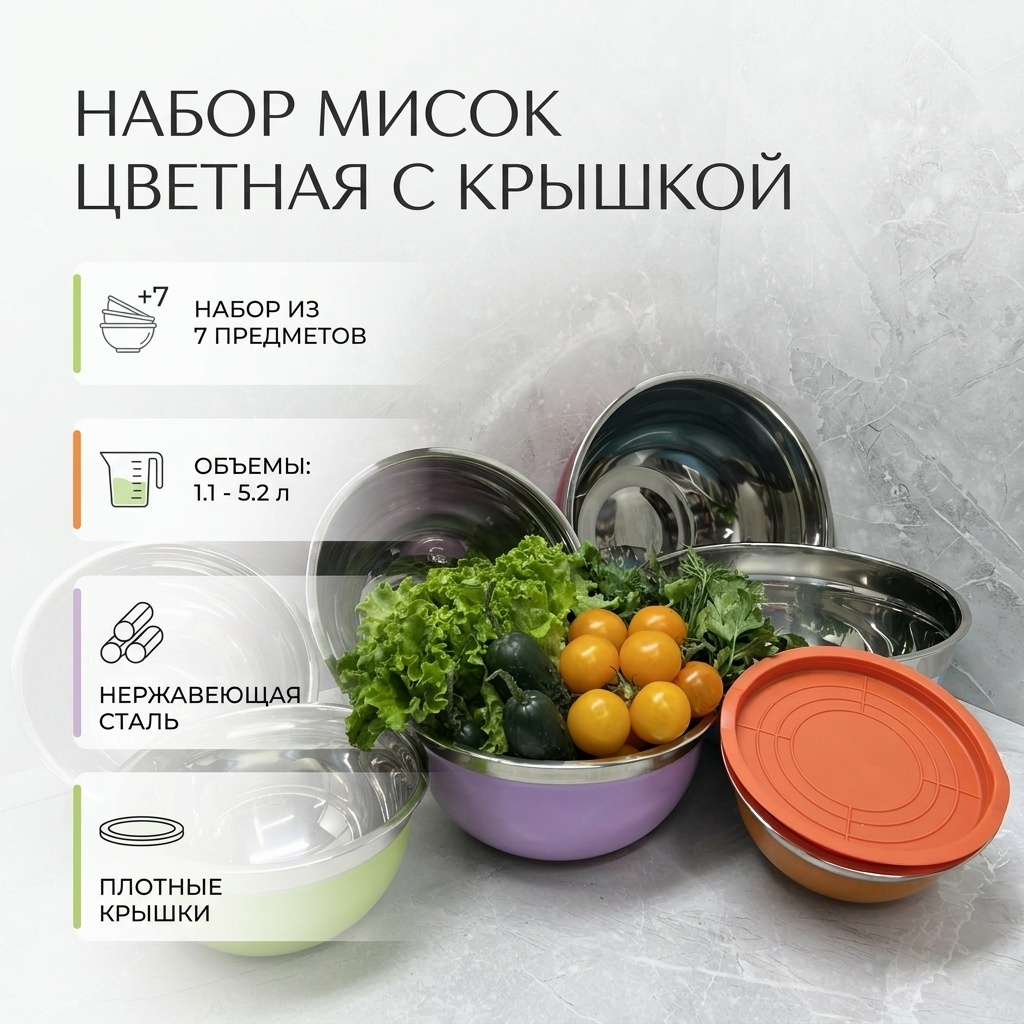 Набор мисок 30х30 см, нержавеющая сталь, 7 шт