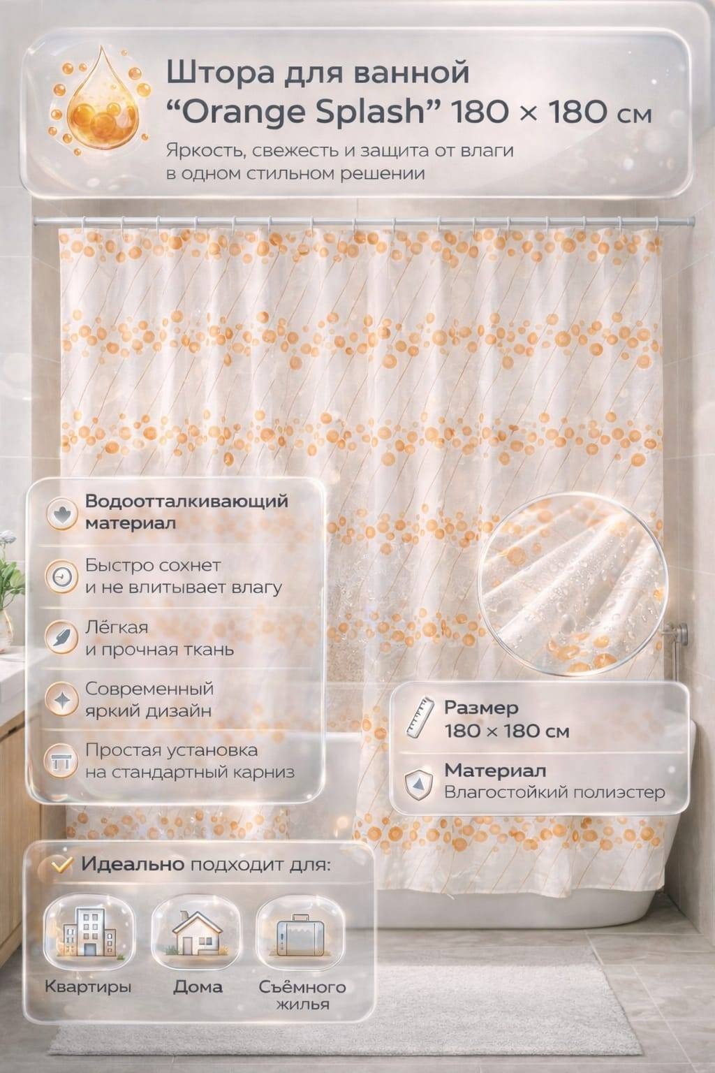 Штора для ванной 30024697_412865050 180x180 оранжевый, белый, PEVA