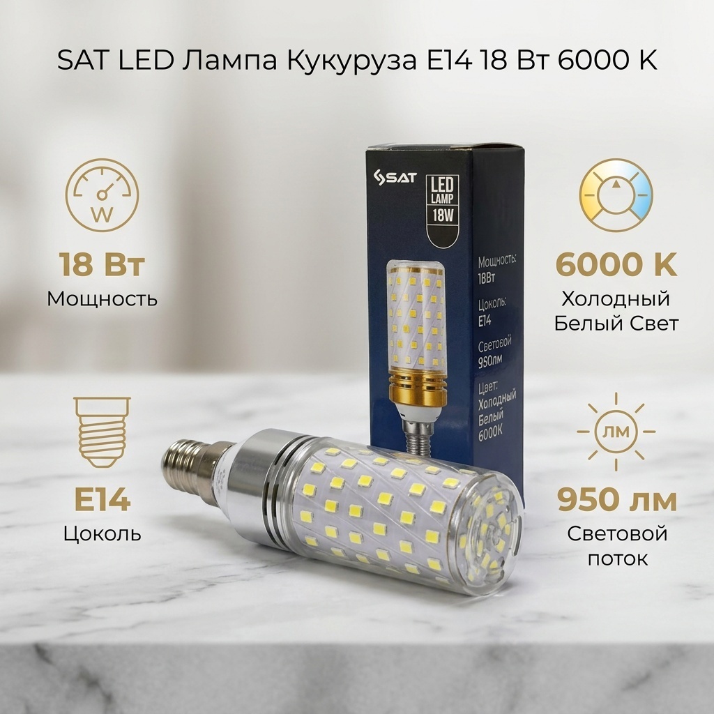 SAT 18W E14, светодиодная, холодный белый