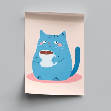 PEMIKAN CRAFT постер Синий котик с кружкой чая 30x40 см