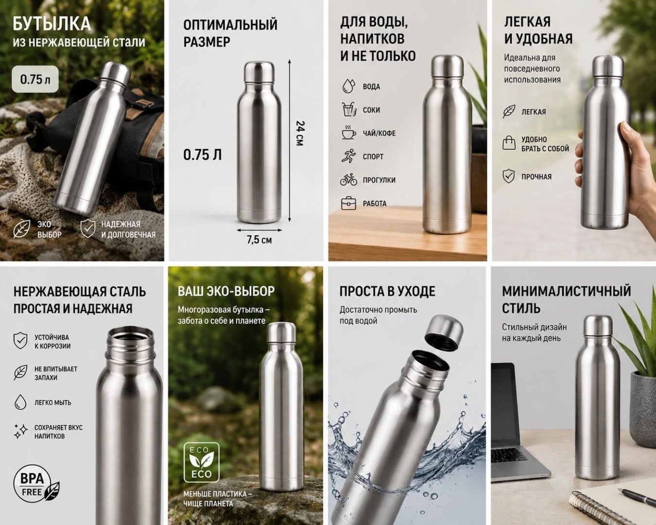 Бутылка Toro 0.75 л серебристый, винтовая, нержавеющая сталь
