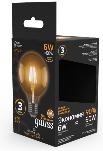 Gauss 6W E27, филаментная, теплый белый