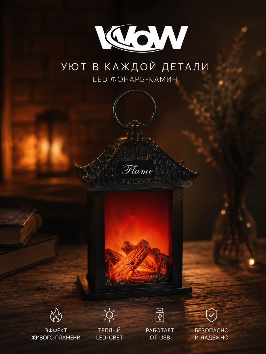 WOW декоративный светильник настольный Камин, теплый белый