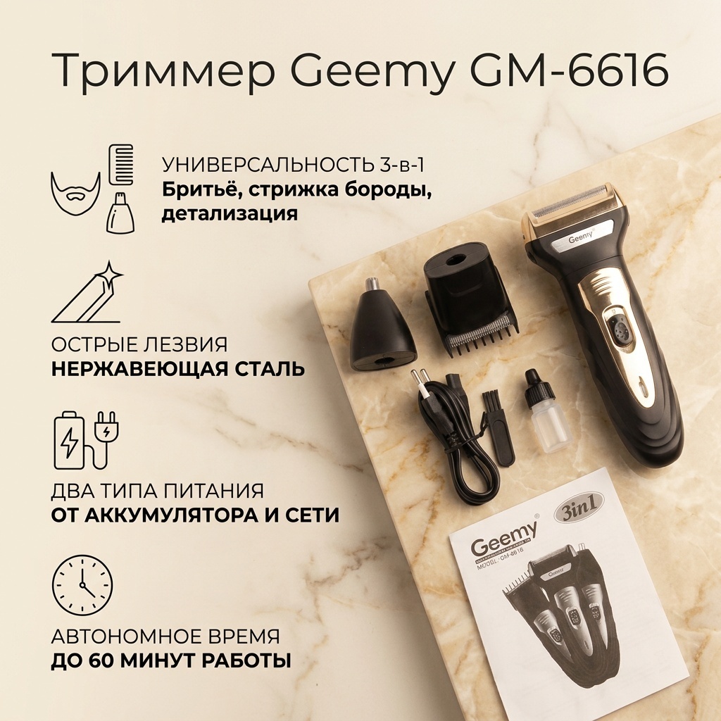 Geemy триммер GM-6616 черный, золотой