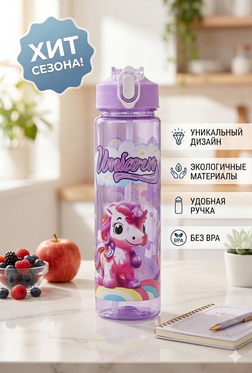 Бутылка Babybox_Ala 0.8 л фиолетовый, крышка с трубочкой, пластик
