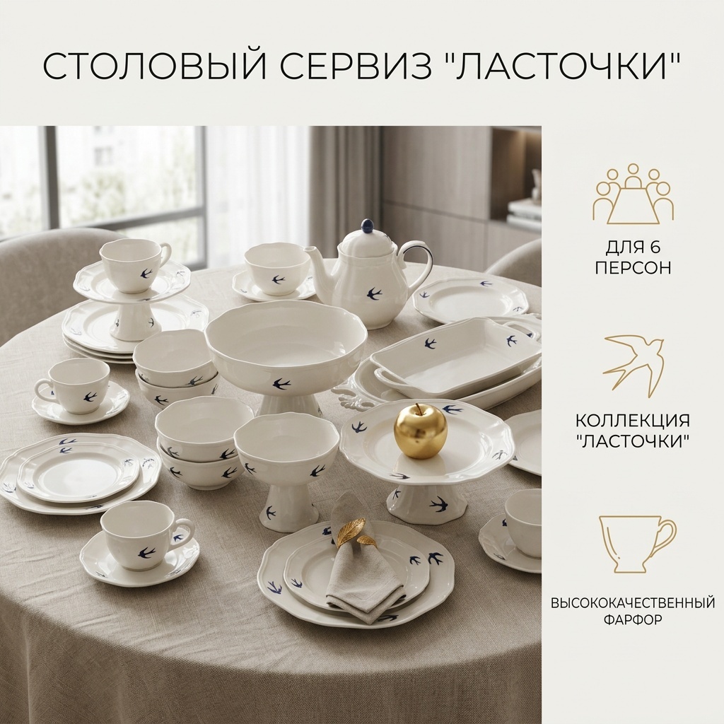Сервиз на 6 персон Ласточки, предметов: 38, столовый, фарфор
