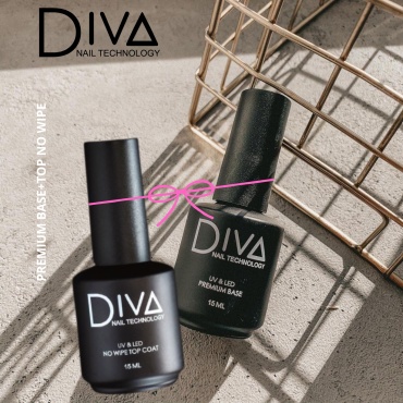 Diva nail technology базовое покрытие, верхнее покрытие Premium base & Top no wipe прозрачный глянцевое 15 мл