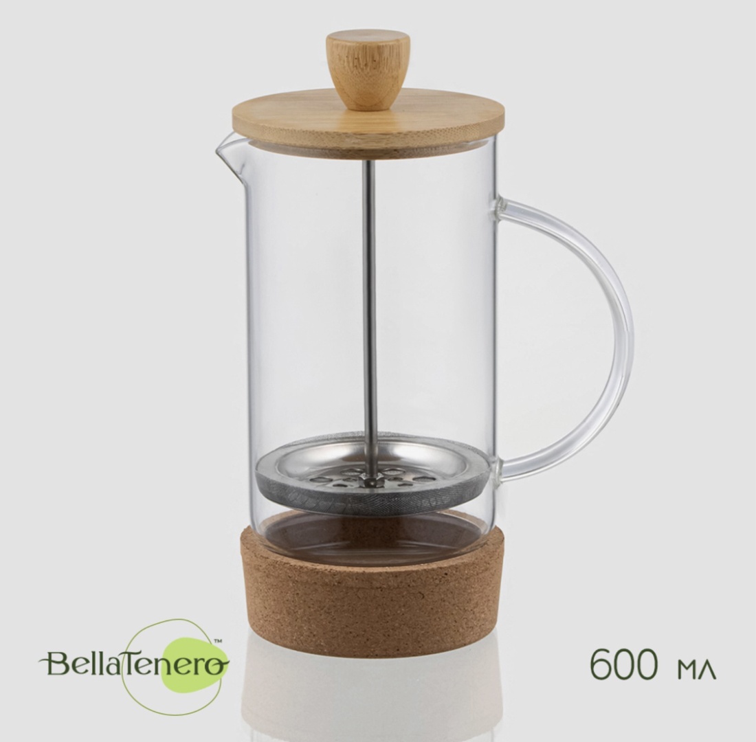 Френч-пресс Bella Tenero 9338688 600 мл, стекло, бамбук, металл