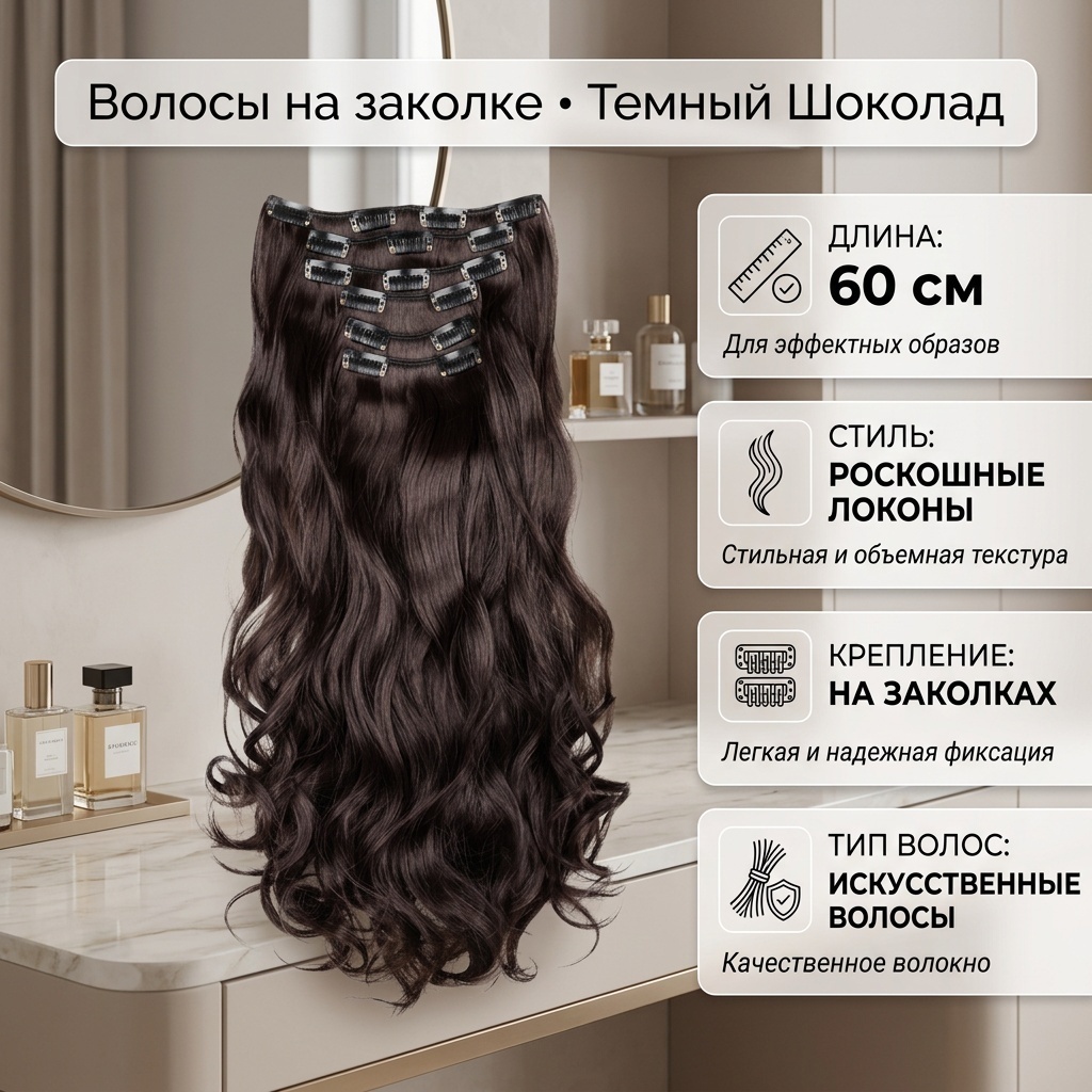 Волос для наращивания на заколке темный шоколад женский