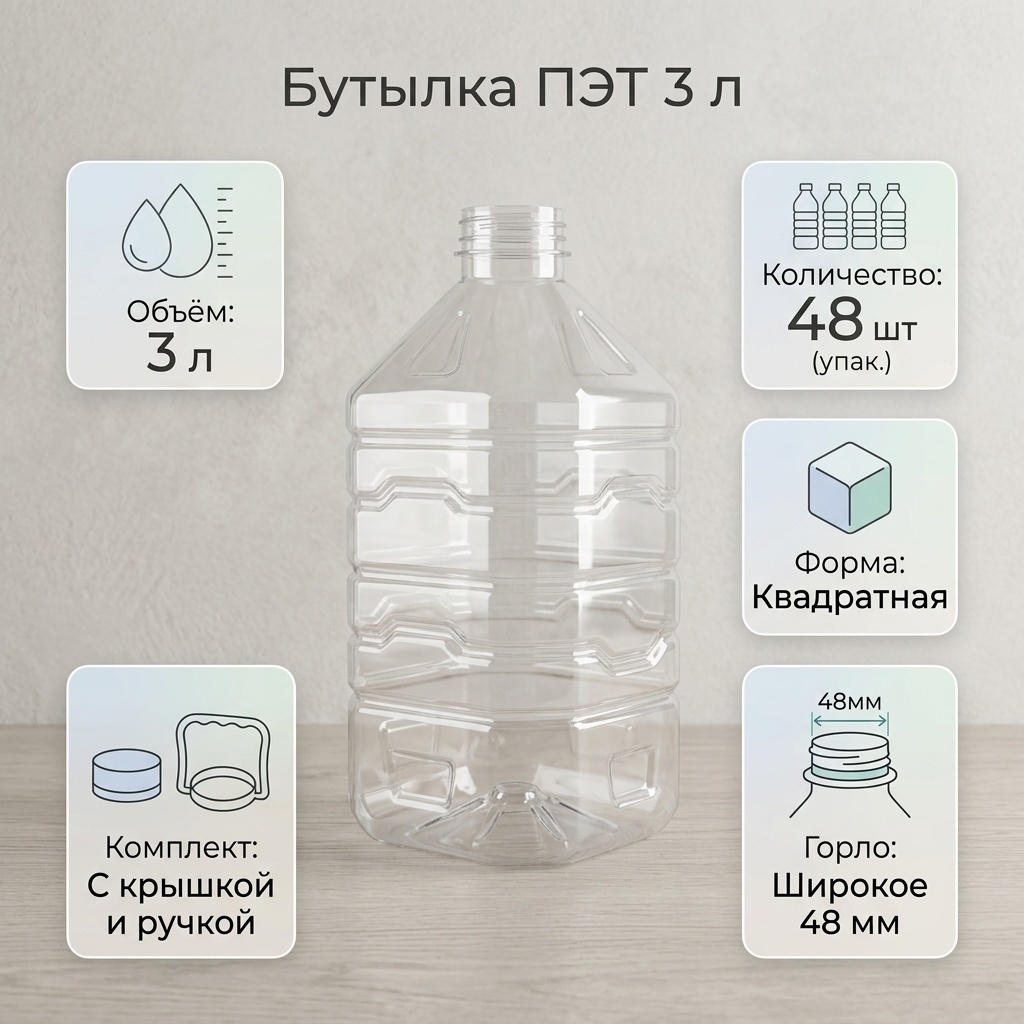 Бутылка ПЭТ / 3 лтр. / ШГ / квадратные / БЦ / 48 мм. прозрачный 48 шт