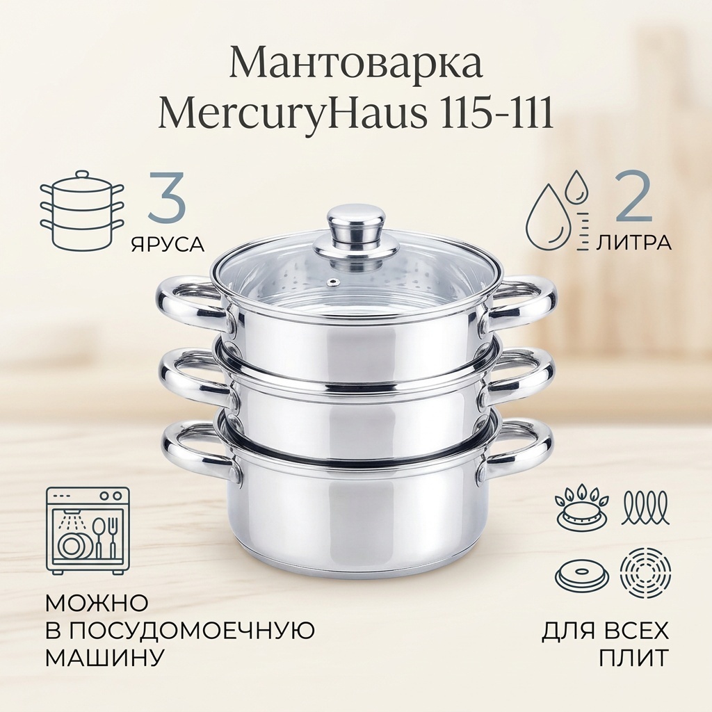 Мантоварка 2 л, MercuryHaus нержавеющая сталь, количество ярусов: 3