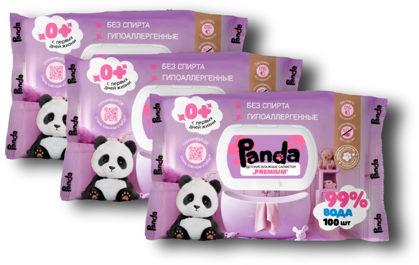 Детские влажные салфетки Panda Premium 100 шт x3