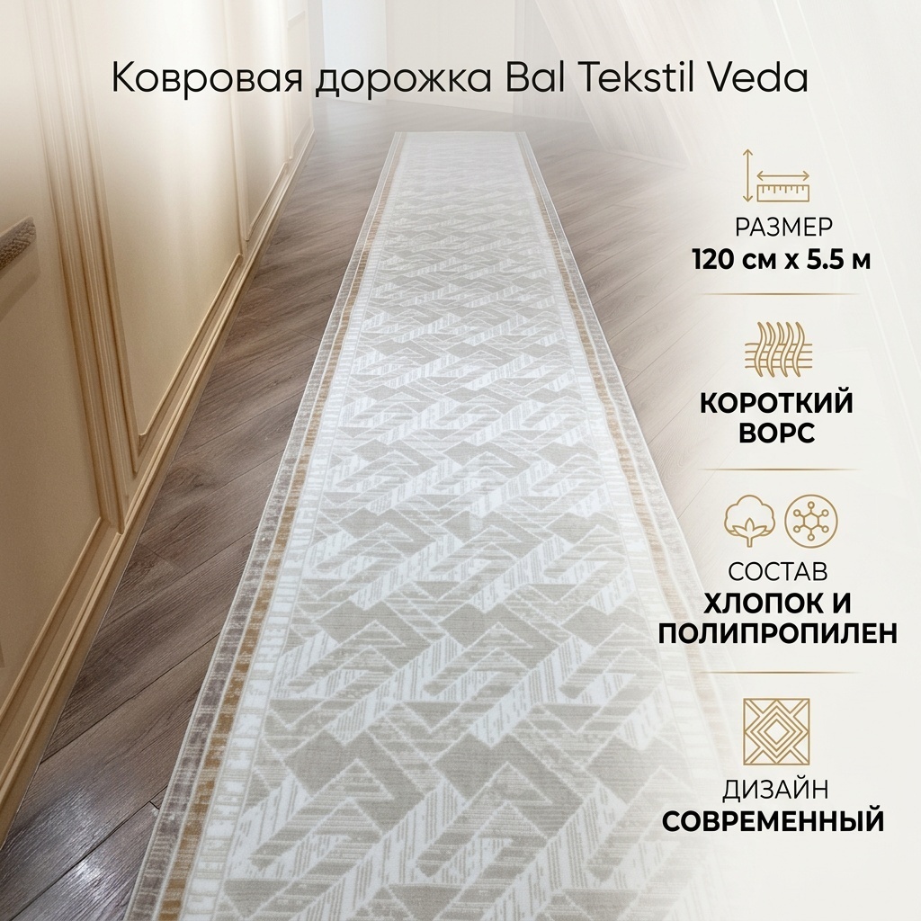 Ковровая дорожка Bal Tekstil короткий ворс, хлопок, полипропилен, 120 см x 5.5 м