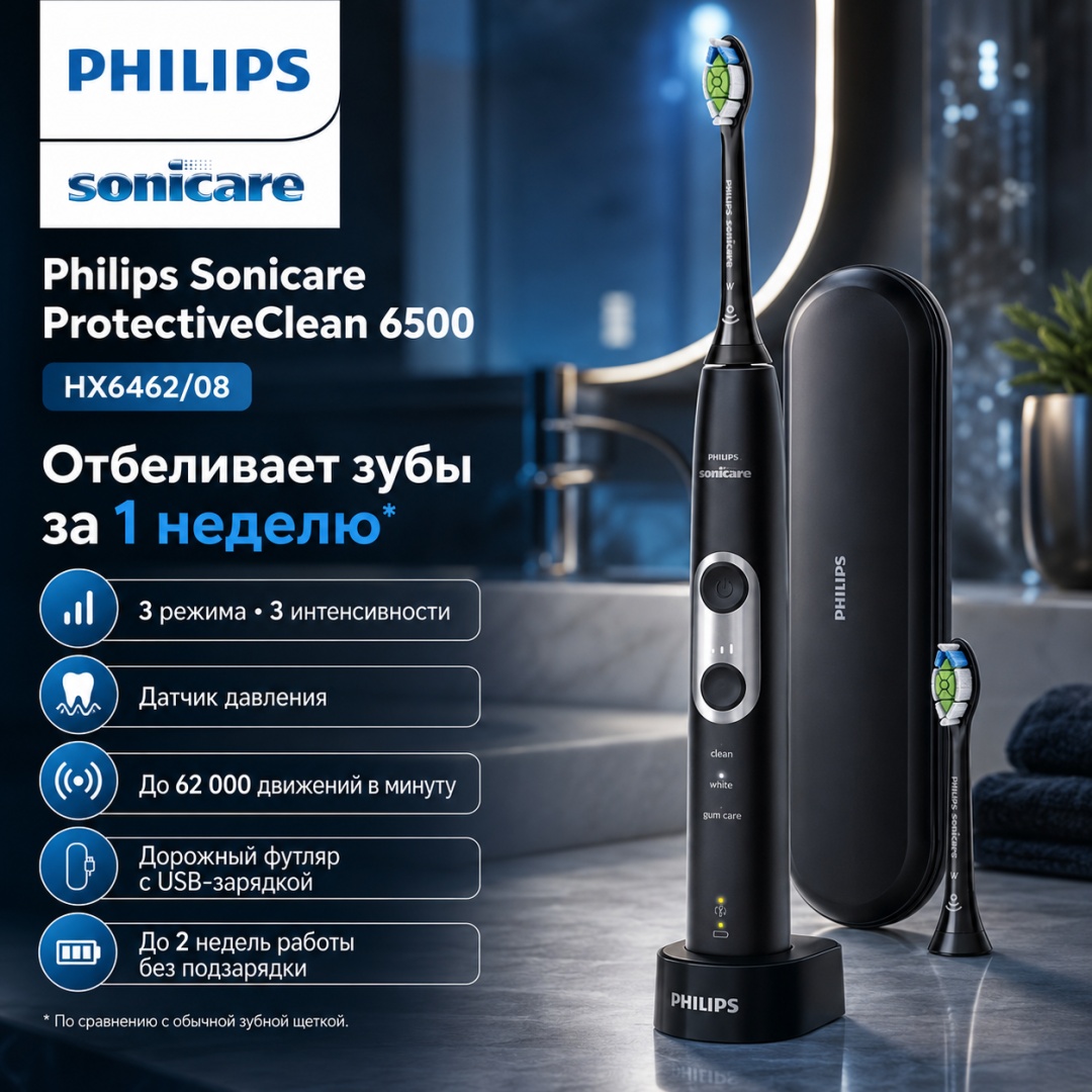 Philips звуковая щетка ProtectiveClean 6500 HX6462/08 щетина средняя черный