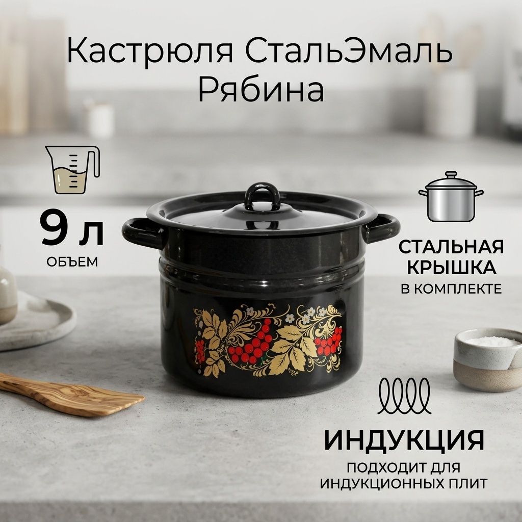 Кастрюля 9 л, СтальЭмаль Рябина, 1с200я/5 сталь