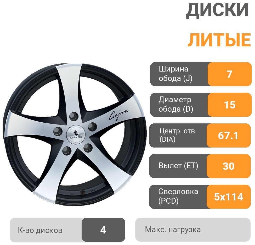 Rainbow 004 7x15/5x114.3 D67.1 ET30 4 диска черный, серебристый