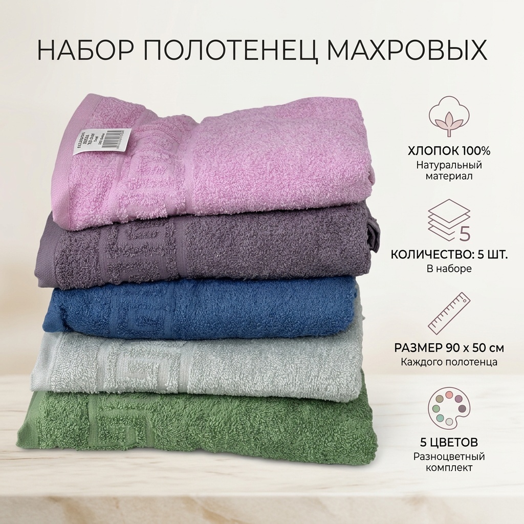 Набор полотенец Туркменский текстиль 90x50 см, хлопок, махровая ткань, 5 шт,