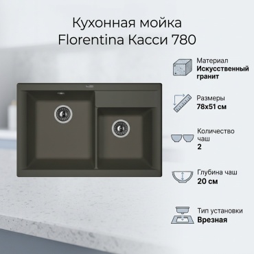 Кухонная мойка FLORENTINA Касси 780 78х51х20 см, искусственный гранит, тон антрацит