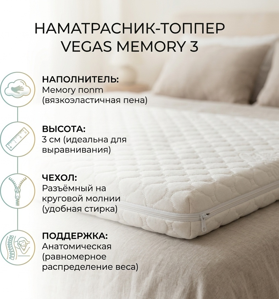 Vegas Топпер-наматрасник Memory 3 160х200, съёмный чехол
