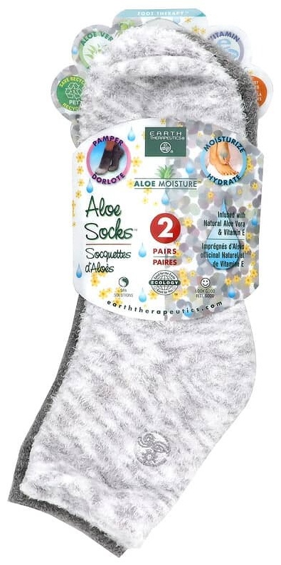 Earth Therapeutics носочки для ног Aloe Moisture, носки с алоэ, серый и белый, 2 пары 2 пары