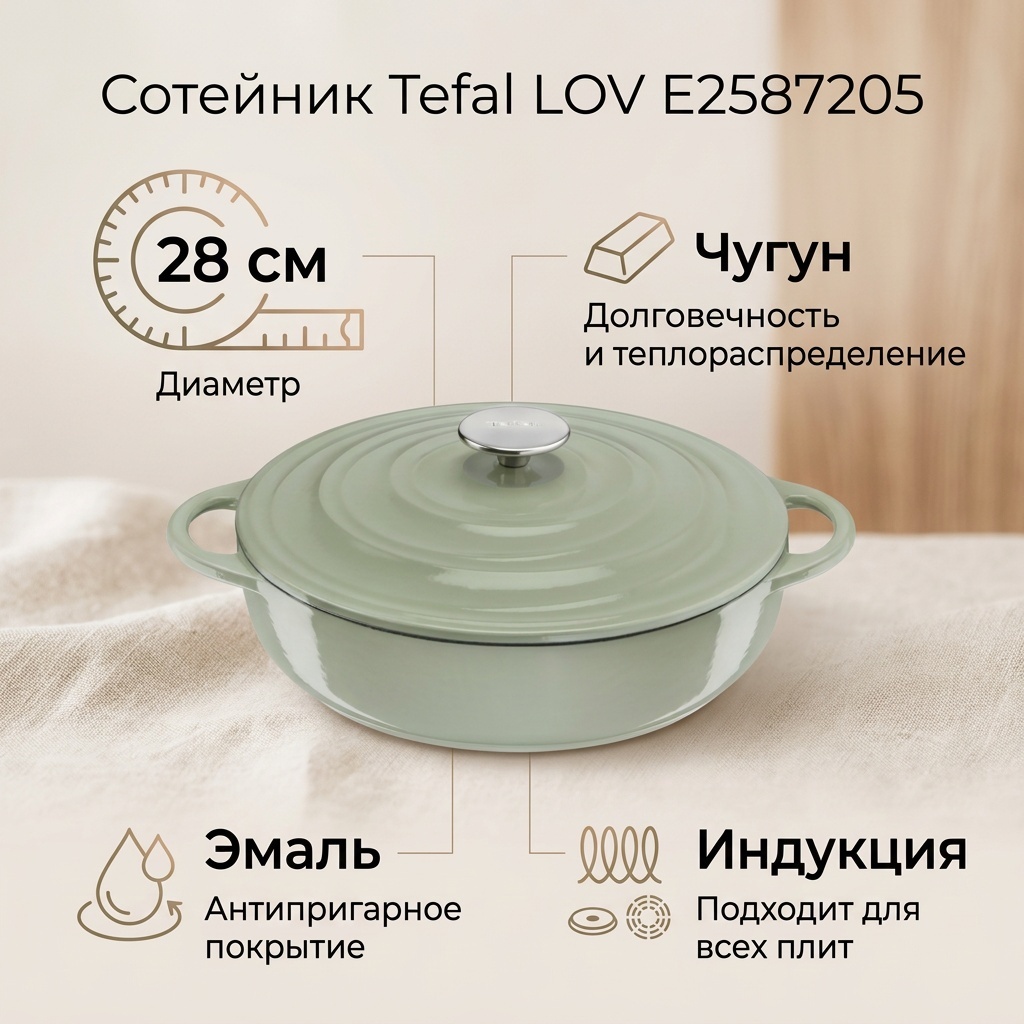 Сотейник Tefal 28 см с антипригарным покрытием, чугун
