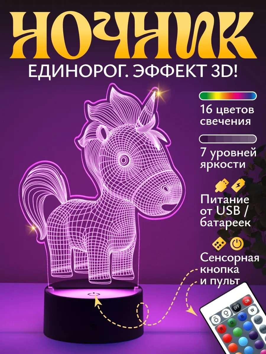 Светофей декоративный светильник в USB разъем Ночник Малыш единорог, белый, красный