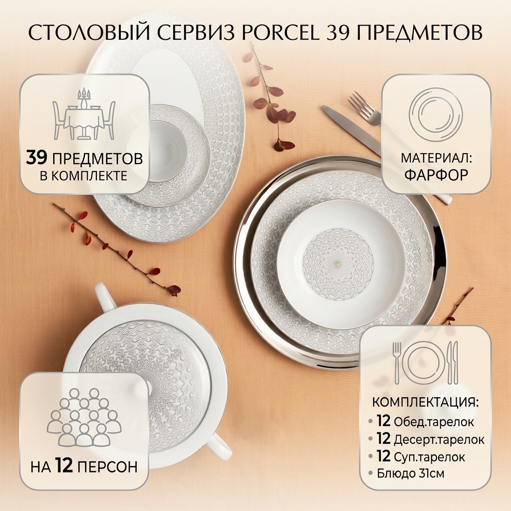 Сервиз на 12 персон Porcel , предметов: 39, столовый, фарфор