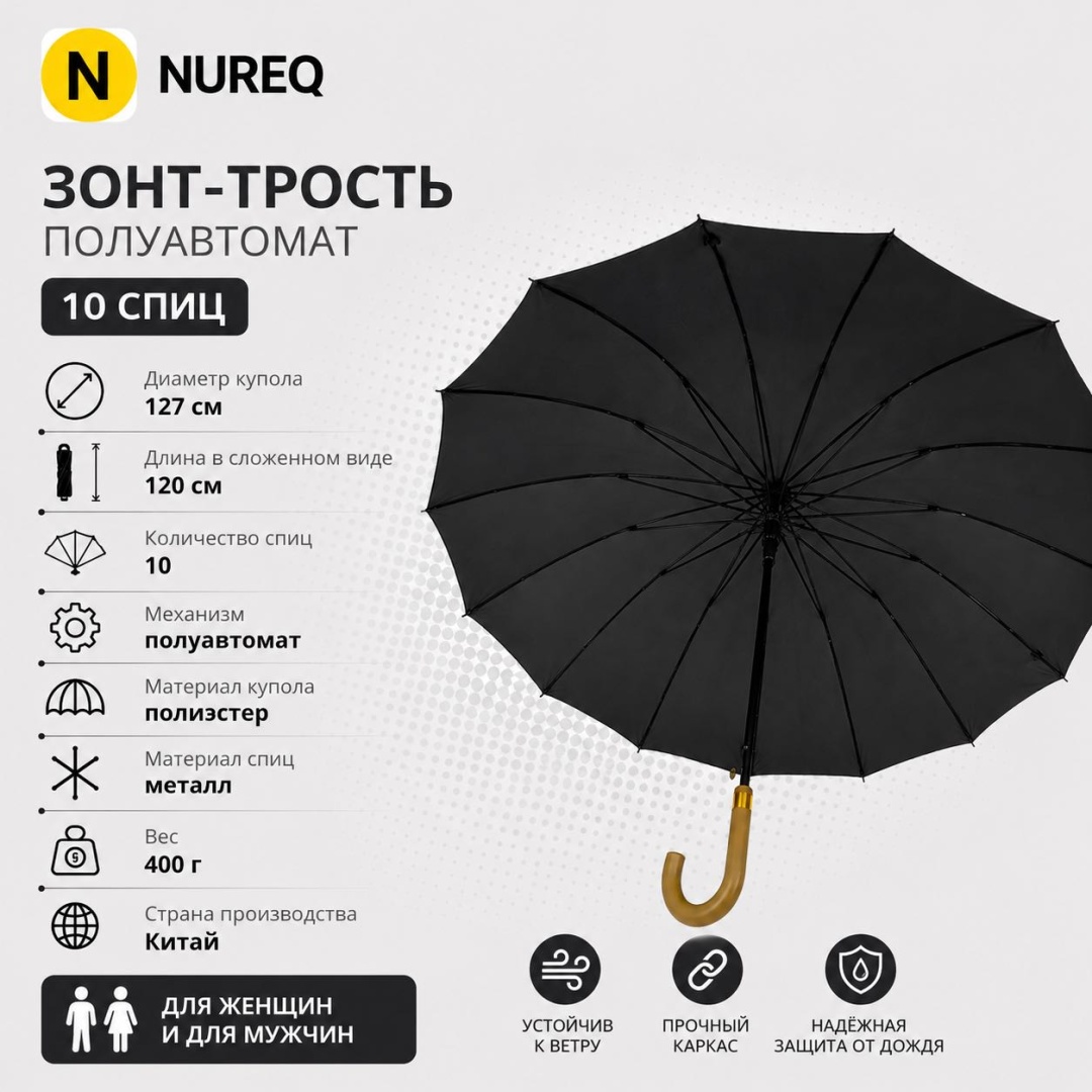 Зонт-трость полуавтомат черный