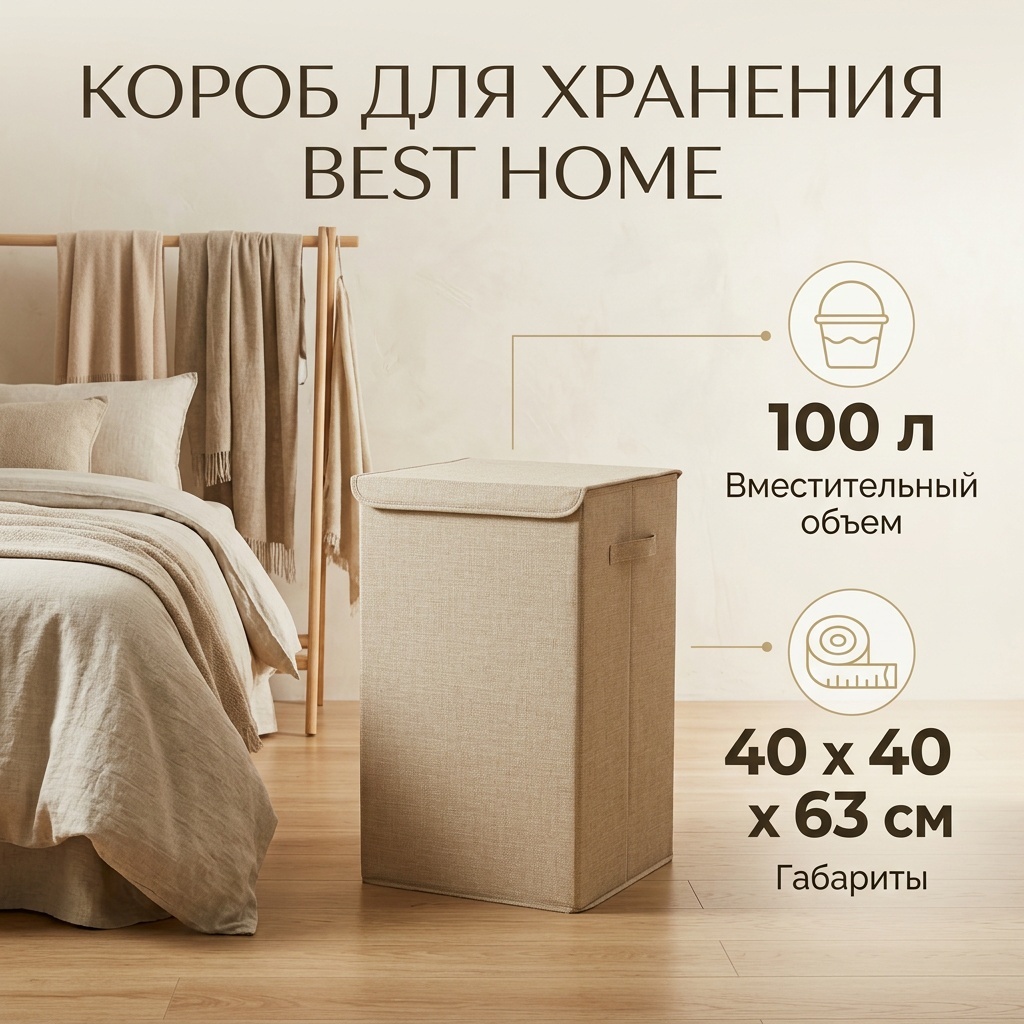Коробка универсальная 40x40x63 см, текстиль, лен