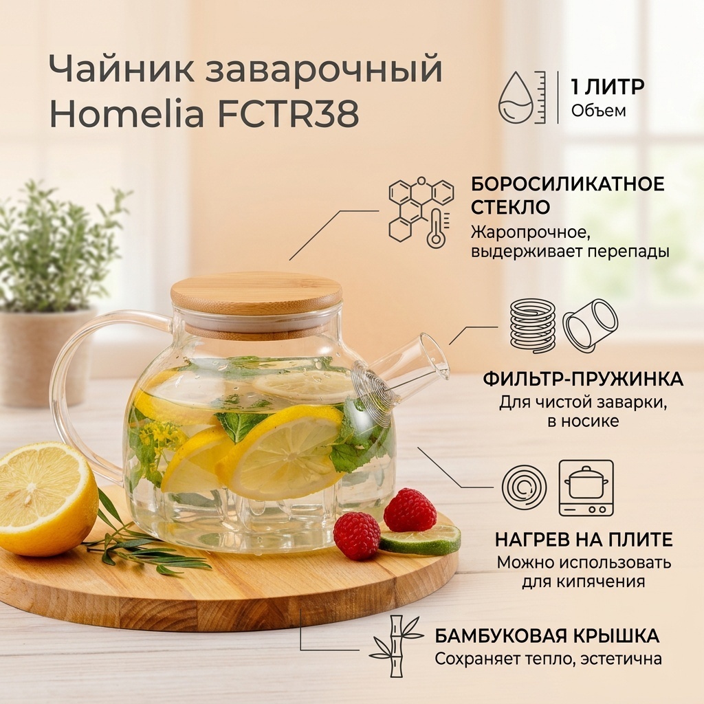 Чайник Homelia Базовая коллекция FCTR38 1 л, стекло