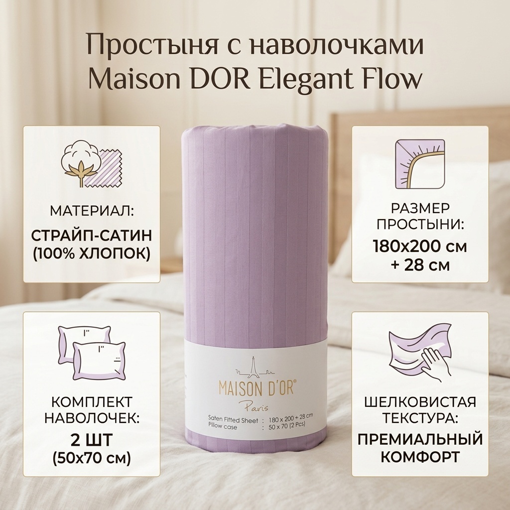 Простыня с наволочками Maison DOR Elegant Flow 180x200, страйп-сатин