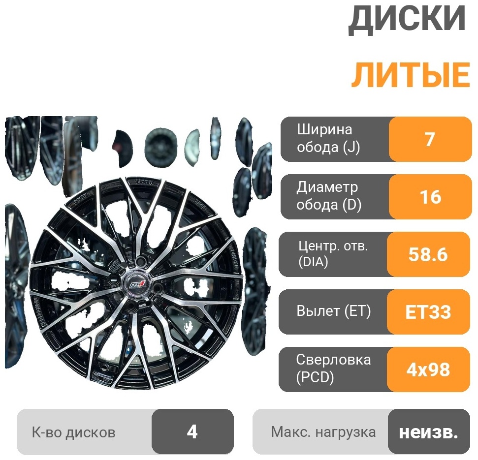 RNO 3955bp 7x16/4x98 D58.6 ET33 4 диска черный, серебристый