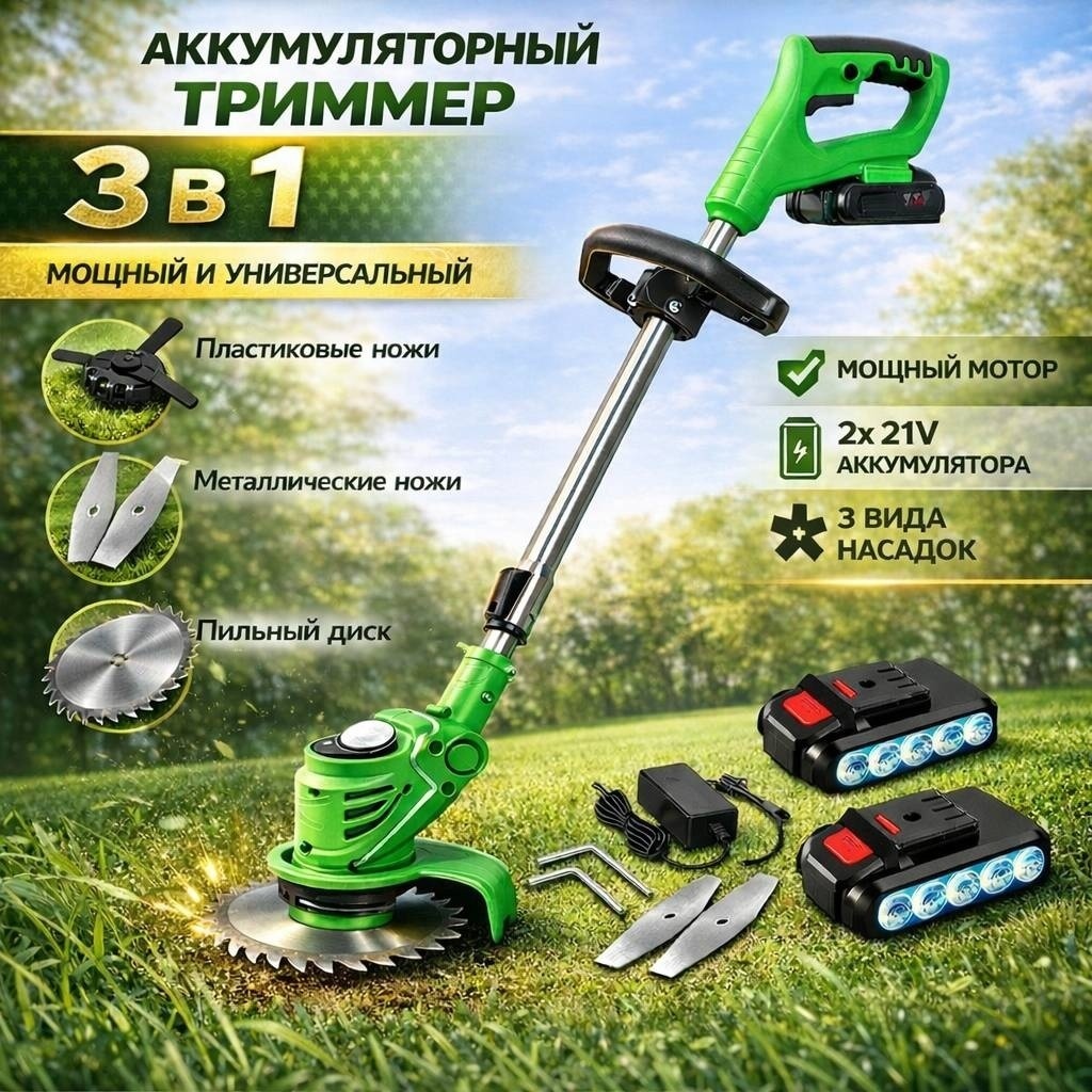 Триммер аккумуляторный Dentelle 568644, леска и нож