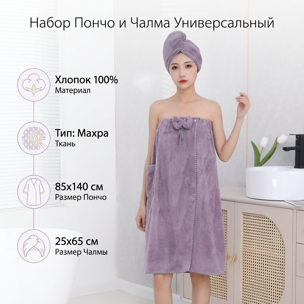 Полотенце-пончо 140x85 см, хлопок, 1 шт,