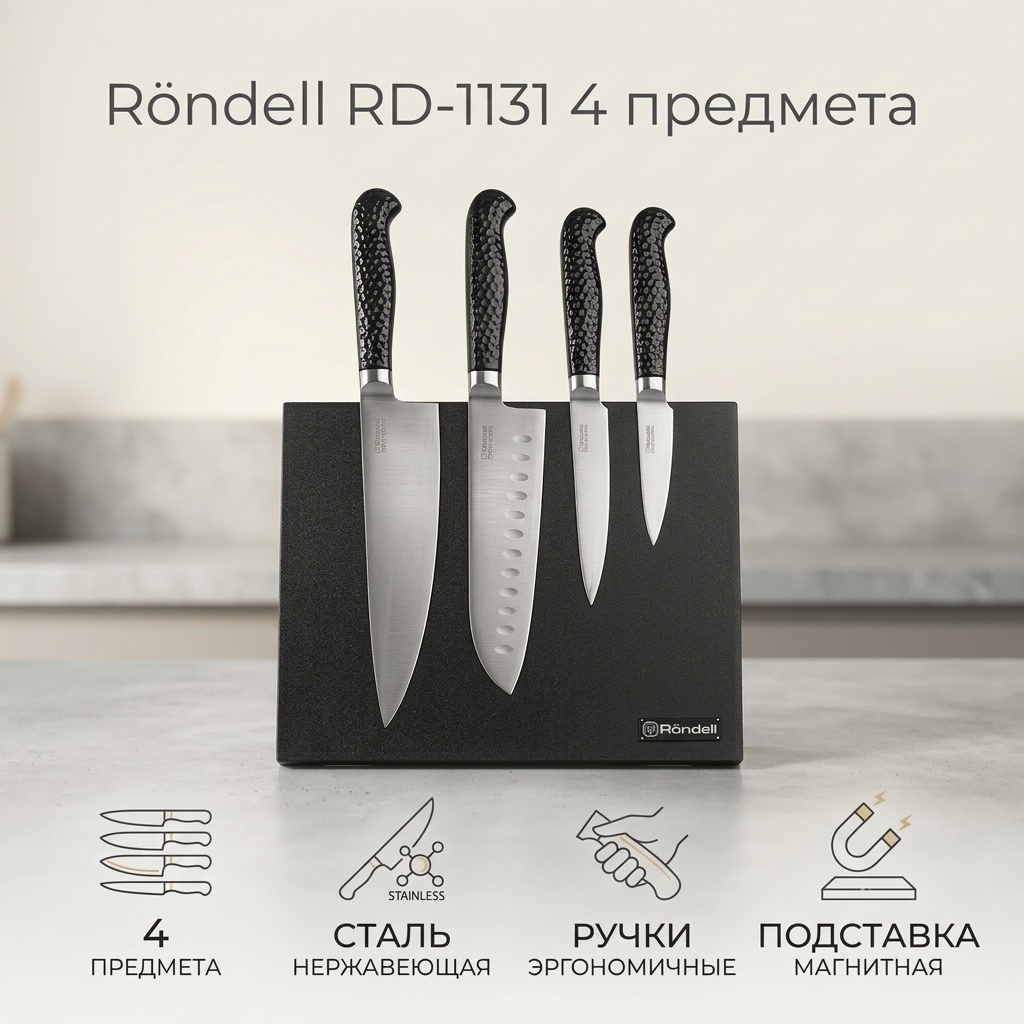 Нож универсальный Rondell, лезвие: нержавеющая сталь 4 шт
