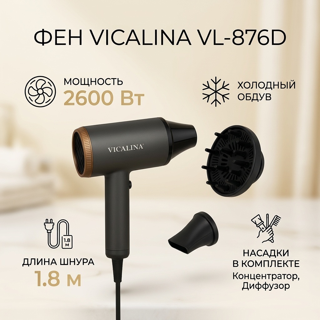 Vicalina VL-876D фен черный, золотой