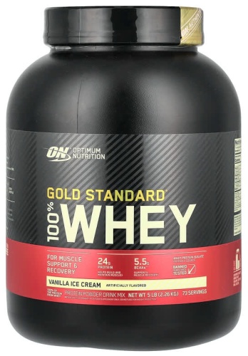 Протеин Optimum Nutrition Gold Standard 100% Whey, сывороточный протеин, со вкусом ванильного мороженого, 2,26 кг ваниль, мороженое 2260 г